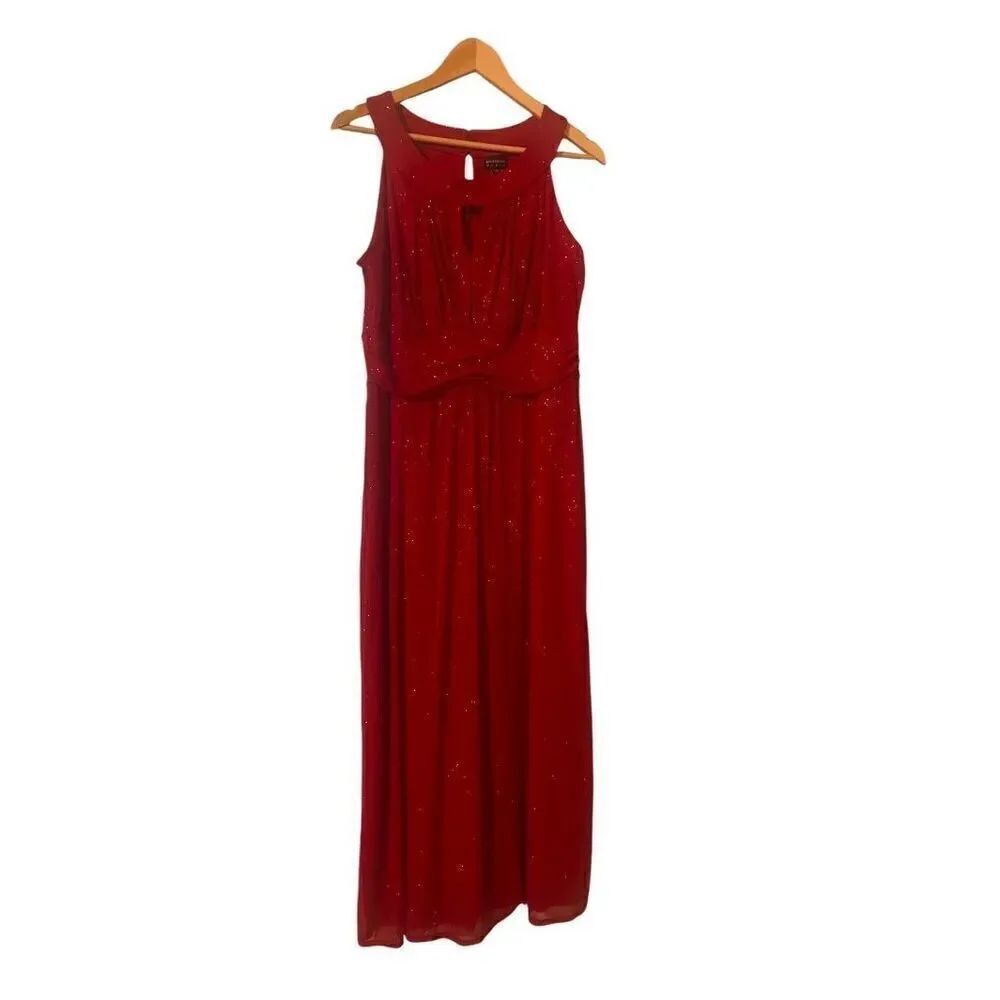 En Focus Women's 14W High Neck Formal Maxi Dress Red Sparkle Holiday Gala Glam
